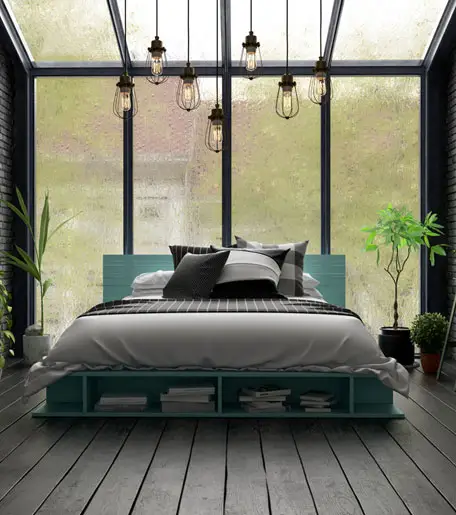 Bett vor großer Fensterfront auf anthrazit Echtholzboden, BODEN & DESIGN, Leistungen